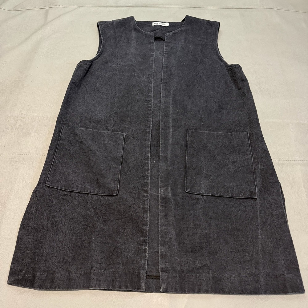 SBJ Austin Women Black Flax Linen Open Front Long Pockets Cardigan Vest-2-6308